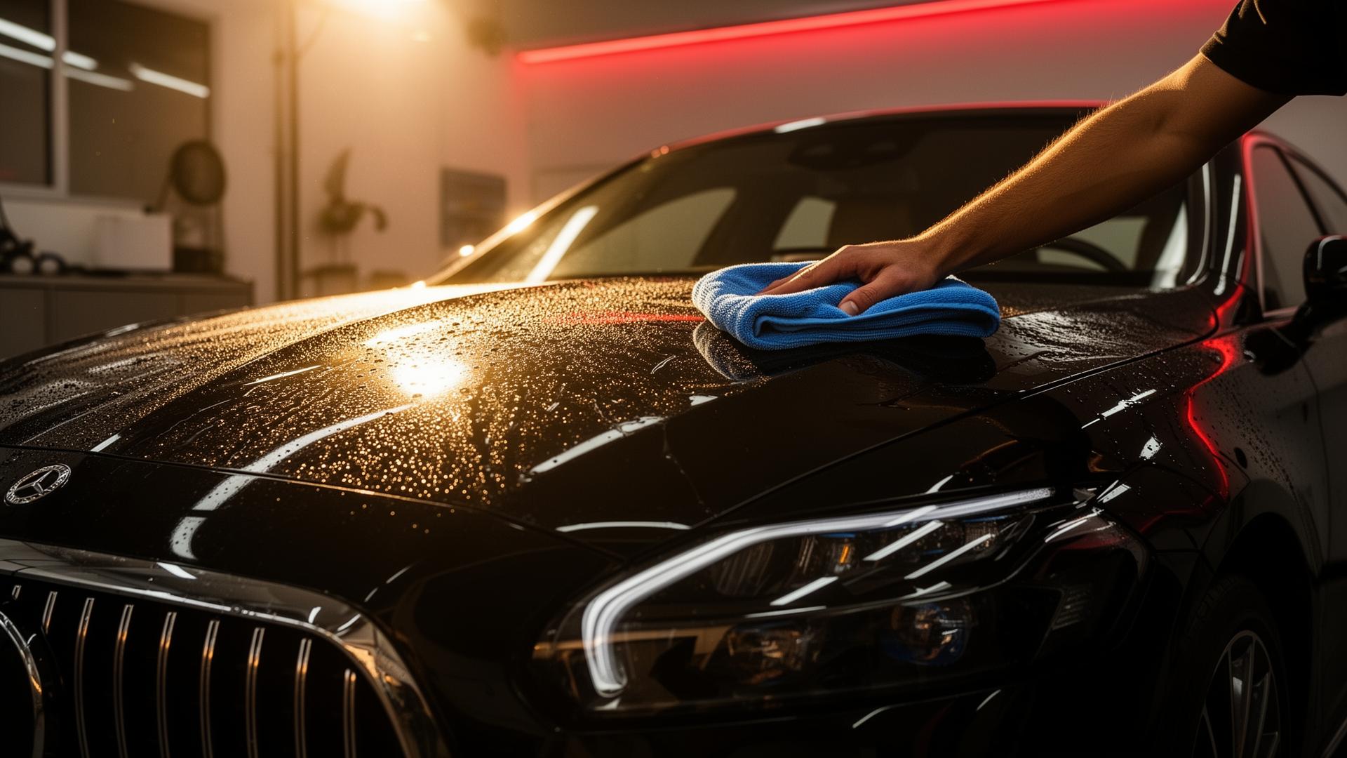 Glossy black luxury car being hand-detailed by a Classy Clean technician in Traverse City, MI